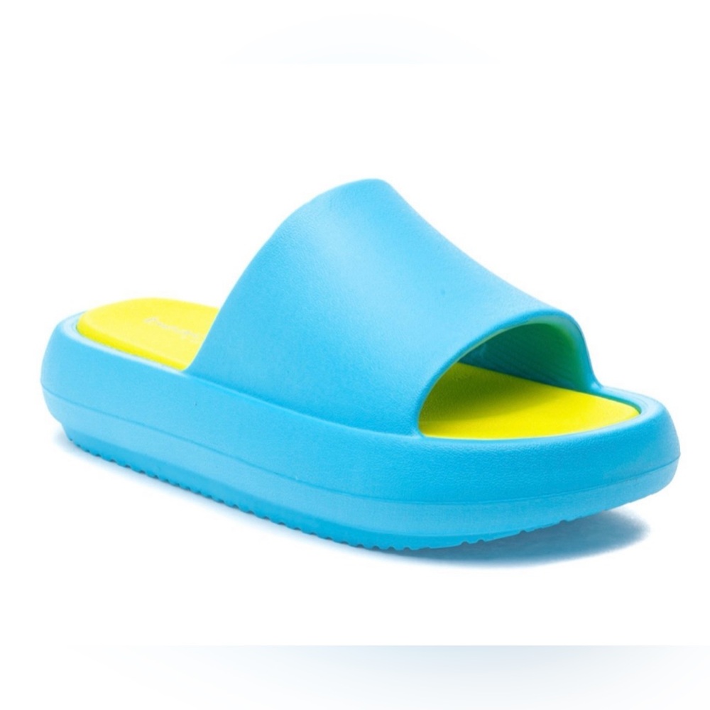 NWT Beach Slides by J/SLIDES SQUISH Turquoise/Yellow EVA Sandal Size 11